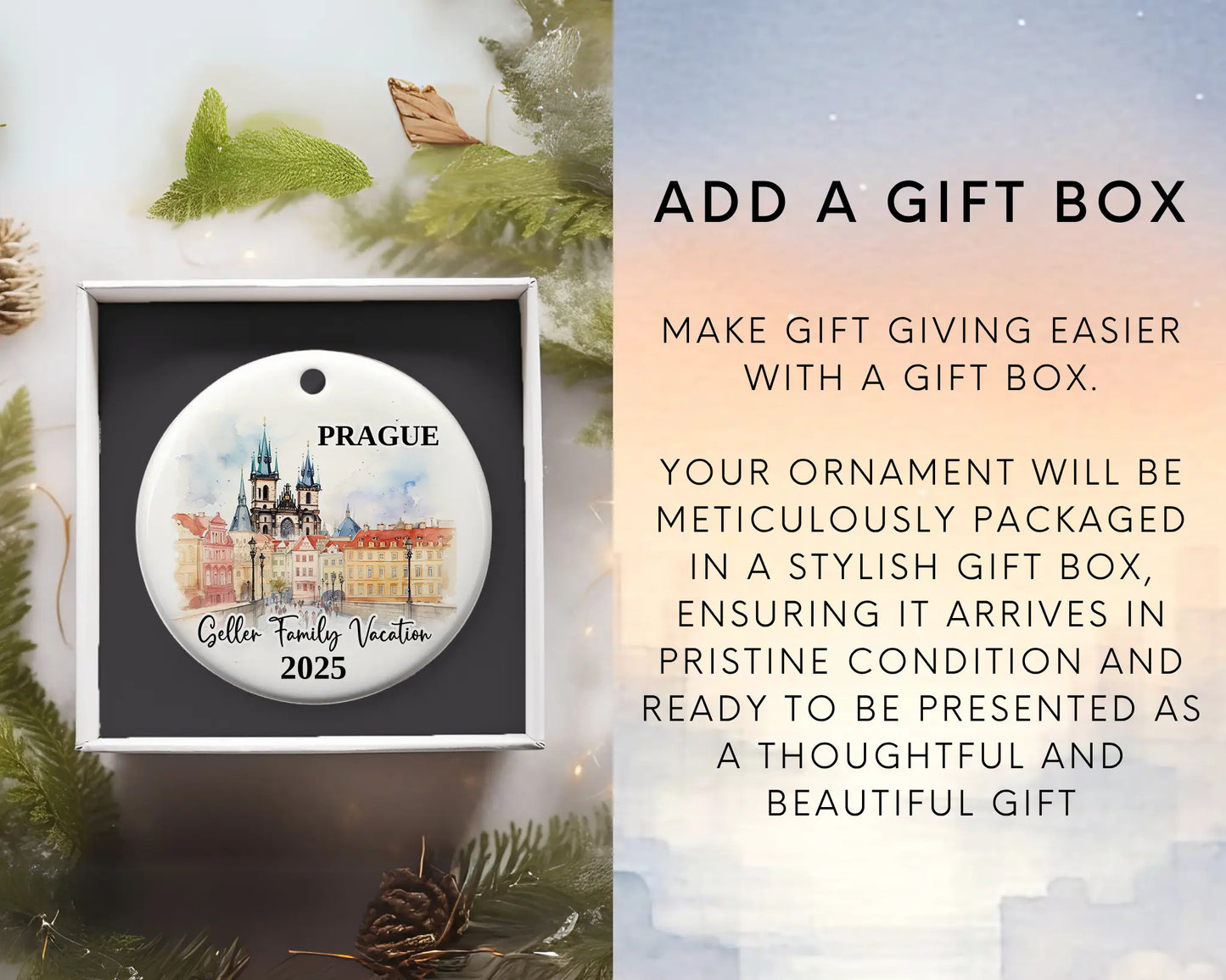 Custom vacation Prague ceramic photo ornament with personalized message – handmade Christmas bauble, gift souvenir, or vacation keepsake. Add gift box