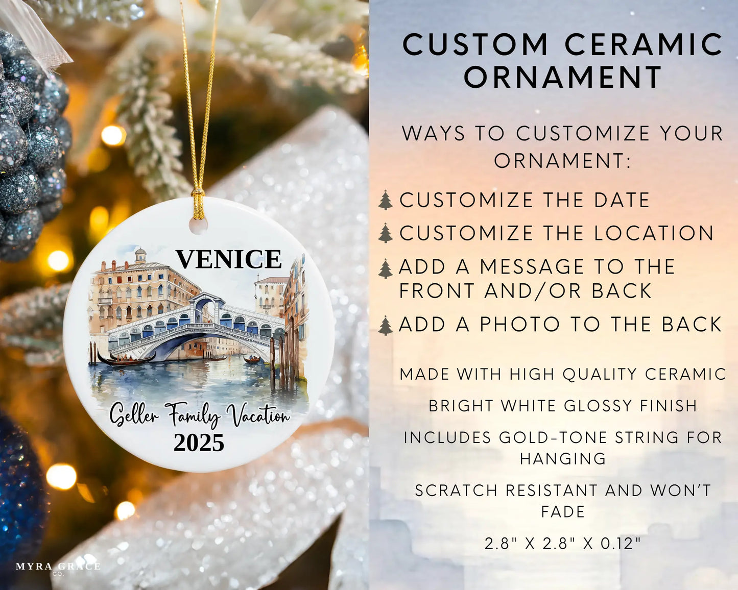 Custom vacation Venice Italy ceramic photo ornament with personalized message – handmade Christmas bauble, gift souvenir, or vacation keepsake. Infographic