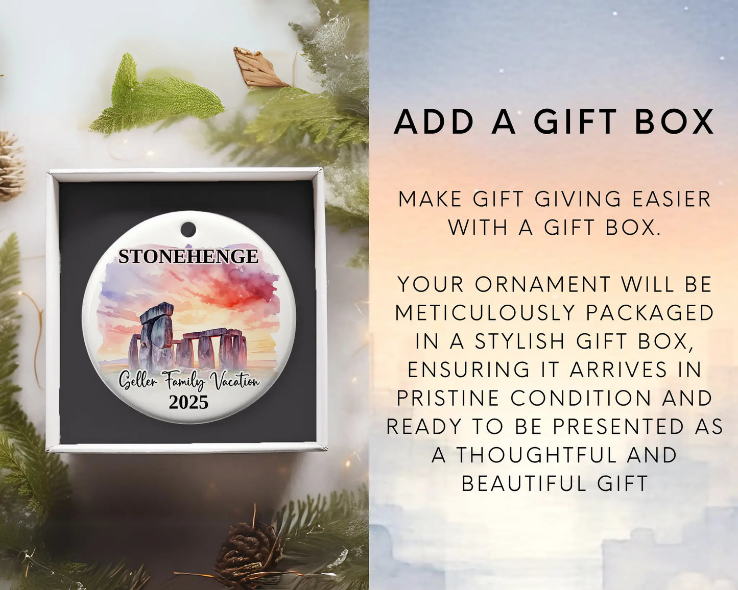 Custom vacation Stonehenge ceramic photo ornament with personalized message – handmade Christmas bauble, gift souvenir, or vacation keepsake. Add gift box