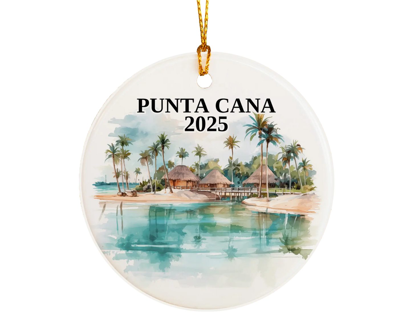 Custom Punta Cana ceramic photo ornament with personalized message – handmade Christmas bauble, gift souvenir, or vacation keepsake.
