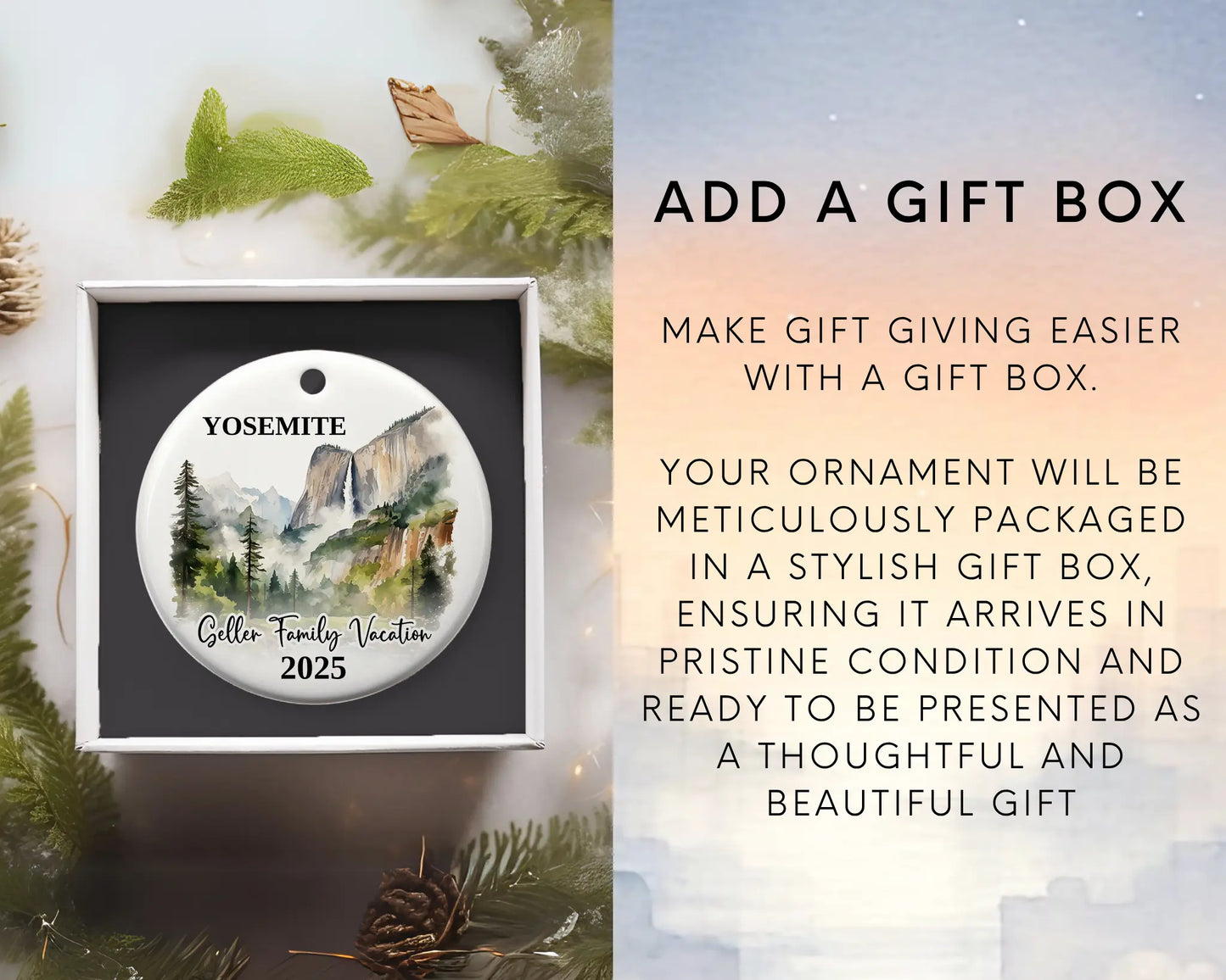 Custom vacation Yosemite ceramic photo ornament with personalized message – handmade Christmas bauble, gift souvenir, or vacation keepsake. Add gift box
