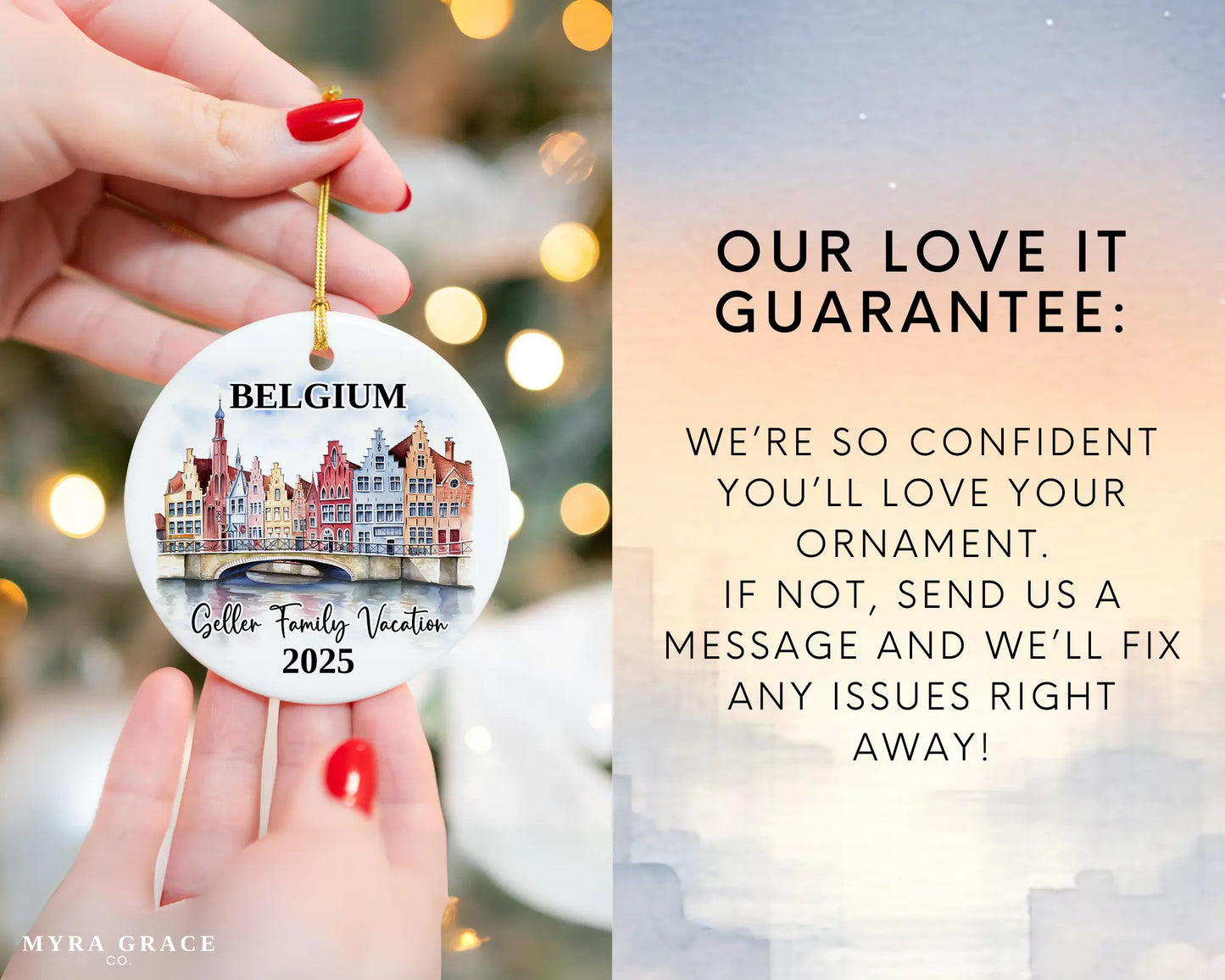 Custom vacation Belgium ceramic photo ornament with personalized message – handmade Christmas bauble, gift souvenir, or vacation keepsake. Love it guarantee