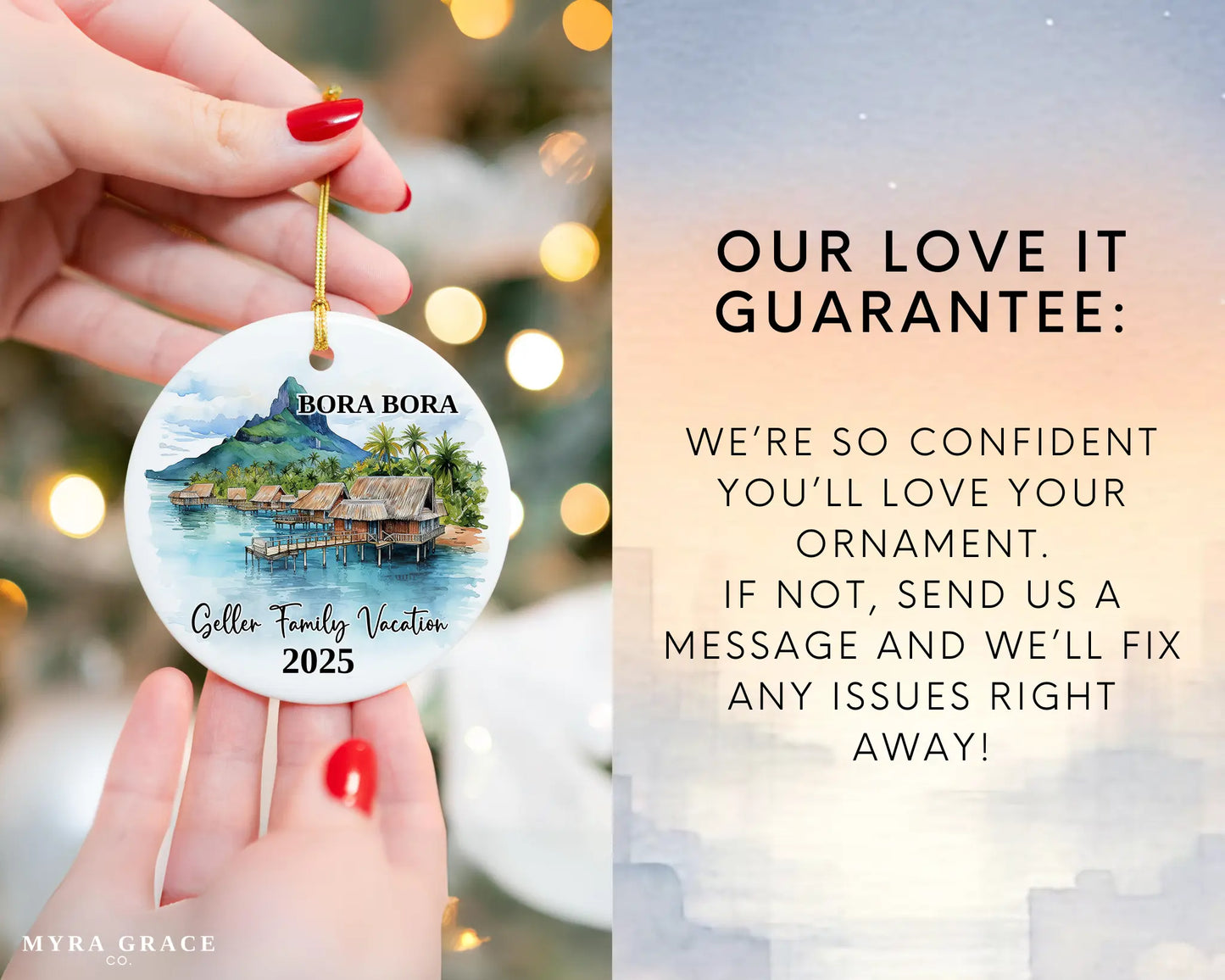 Custom vacation Bora Bora ceramic photo ornament with personalized message – handmade Christmas bauble, gift souvenir, or vacation keepsake. Love it guarantee