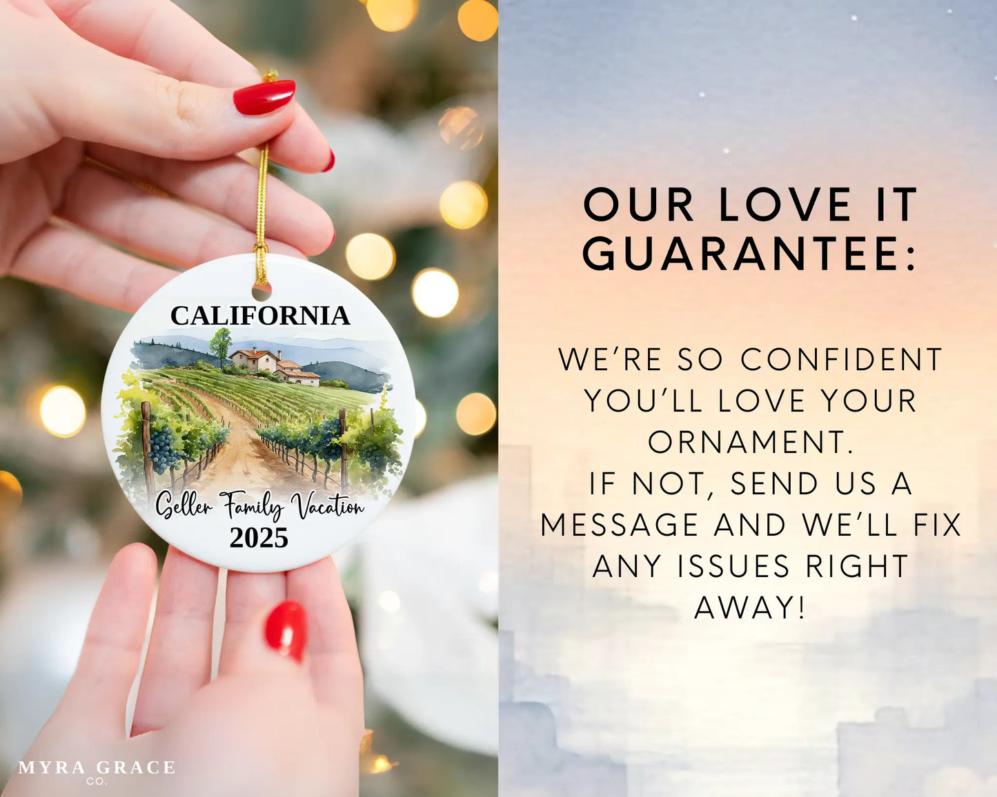 Custom vacation California ceramic photo ornament with personalized message – handmade Christmas bauble, gift souvenir, or vacation keepsake. Love it guarantee