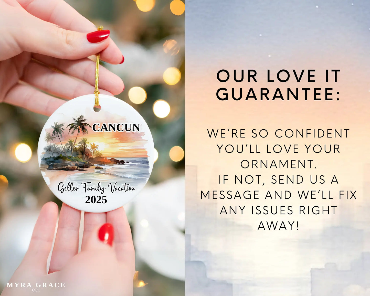 Custom vacation Cancun Mexico ceramic photo ornament with personalized message – handmade Christmas bauble, gift souvenir, or vacation keepsake. Love it guarantee