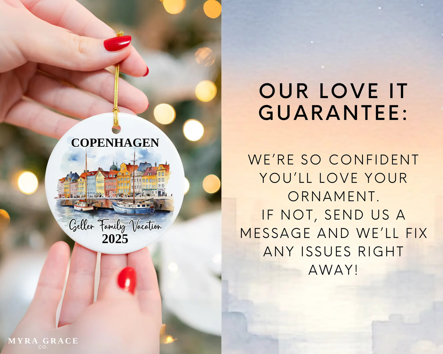 Custom vacation Copenhagen Denmark ceramic photo ornament with personalized message – handmade Christmas bauble, gift souvenir, or vacation keepsake. Love it guarantee