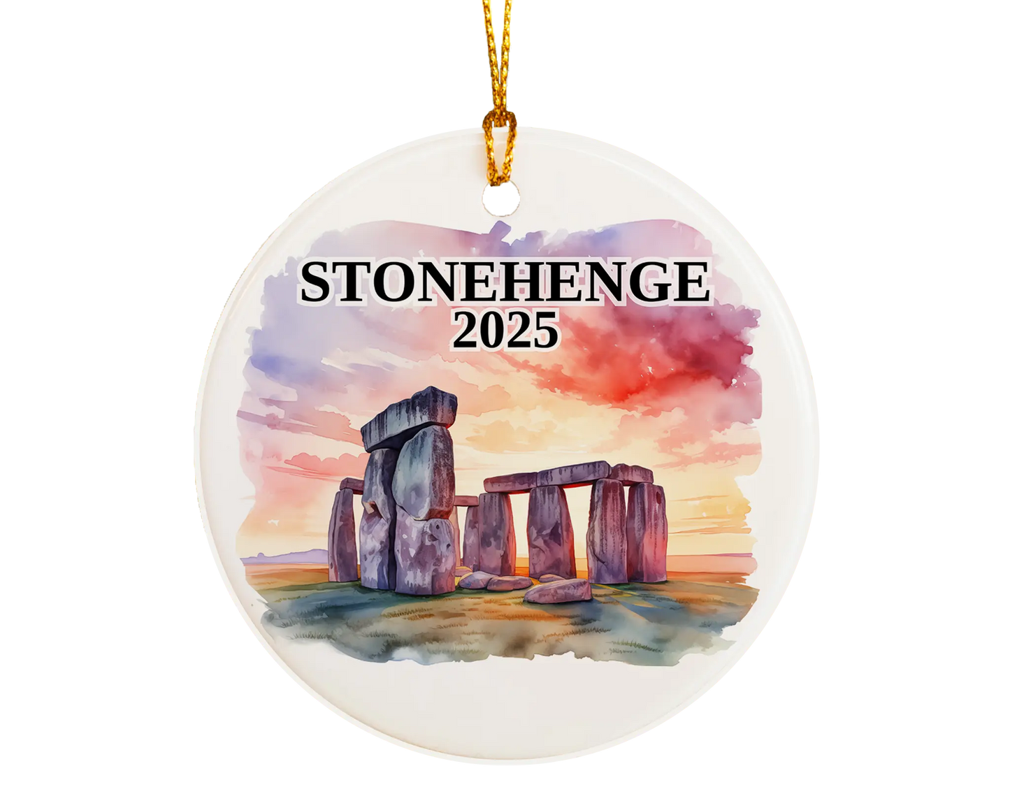 Custom Stonehenge ceramic photo ornament with personalized message – handmade Christmas bauble, gift souvenir, or vacation keepsake.