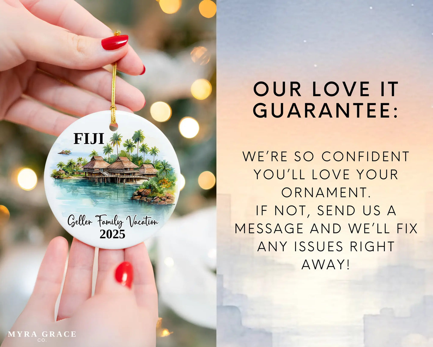 Custom vacation Fiji ceramic photo ornament with personalized message – handmade Christmas bauble, gift souvenir, or vacation keepsake. Love it guarantee