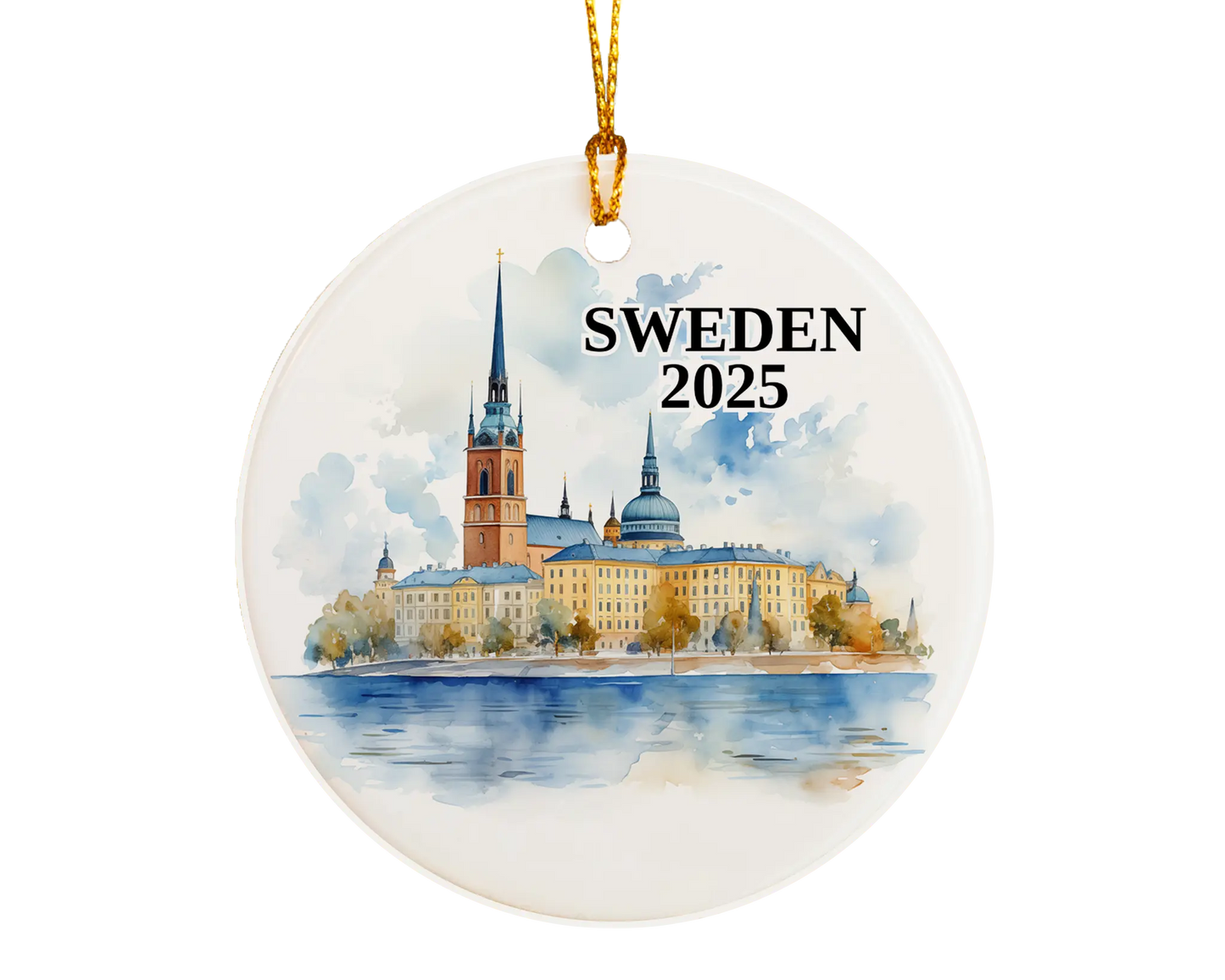 Custom Sweden ceramic photo ornament with personalized message – handmade Christmas bauble, gift souvenir, or vacation keepsake.