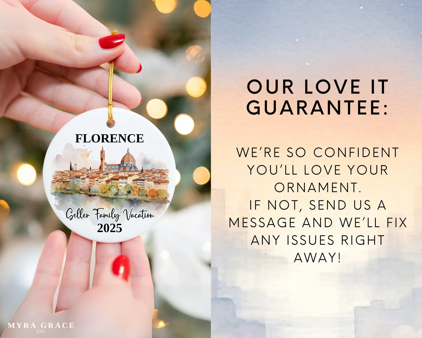 Custom vacation Florence Italy ceramic photo ornament with personalized message – handmade Christmas bauble, gift souvenir, or vacation keepsake. Love it guarantee