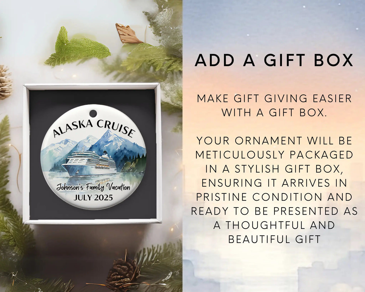 Handmade ceramic Alaska cruise ornament with personalized location and photo – custom Christmas bauble or cruise vacation souvenir. Add gift box
