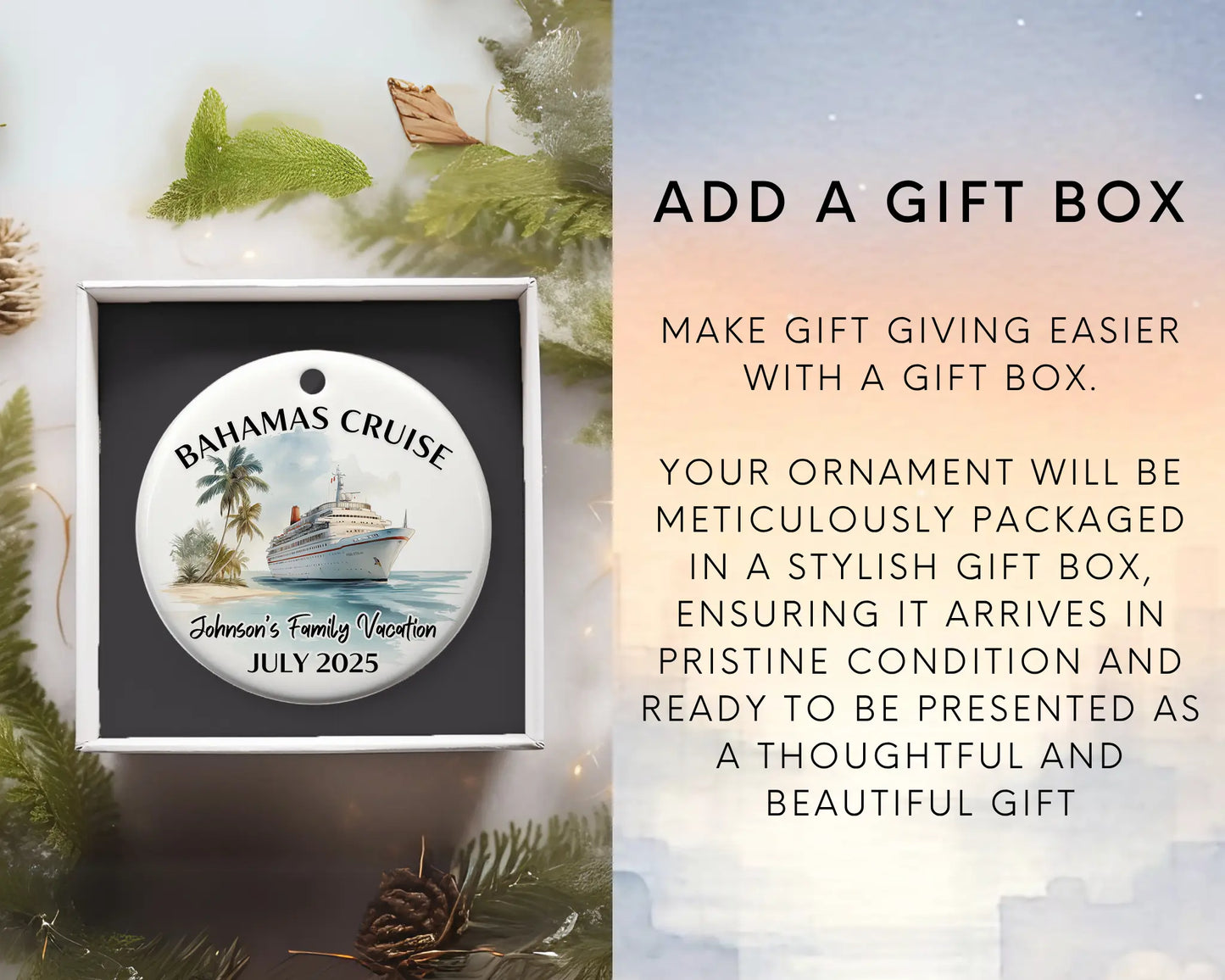 Handmade ceramic Bahamas cruise ornament with personalized location and photo – custom Christmas bauble or cruise vacation souvenir. Add gift box