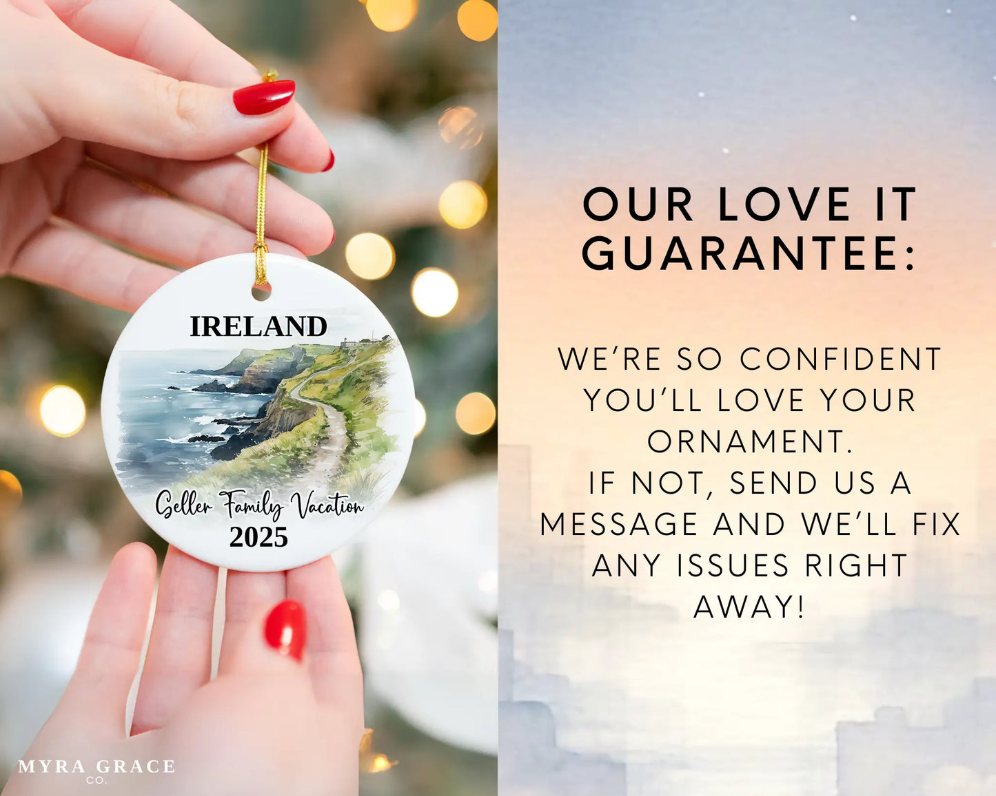 Custom vacation Ireland Cliffs of Moher ceramic photo ornament with personalized message – handmade Christmas bauble, gift souvenir, or vacation keepsake. Love it guarantee