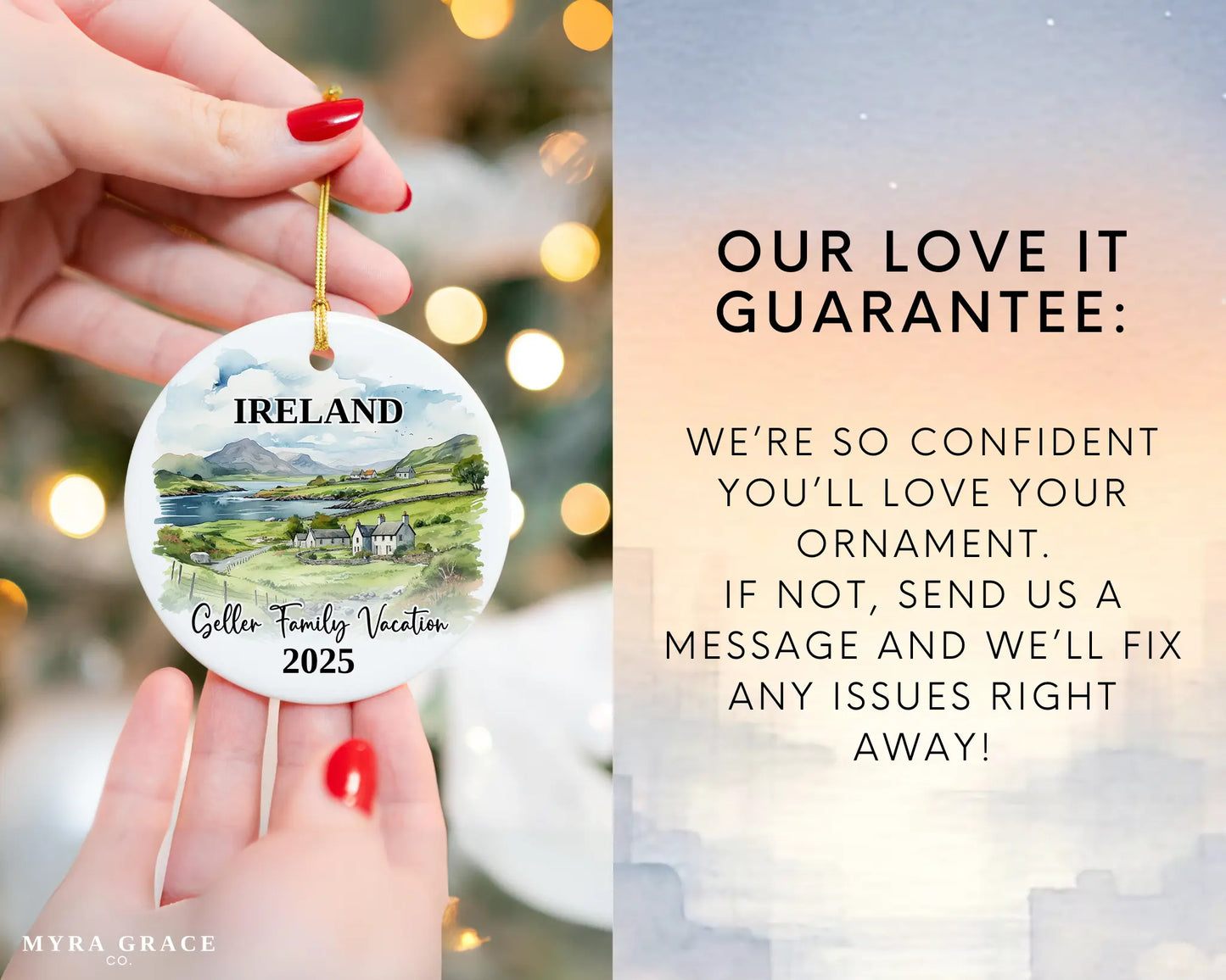 Custom vacation Ireland ceramic photo ornament with personalized message – handmade Christmas bauble, gift souvenir, or vacation keepsake. Love it guarantee