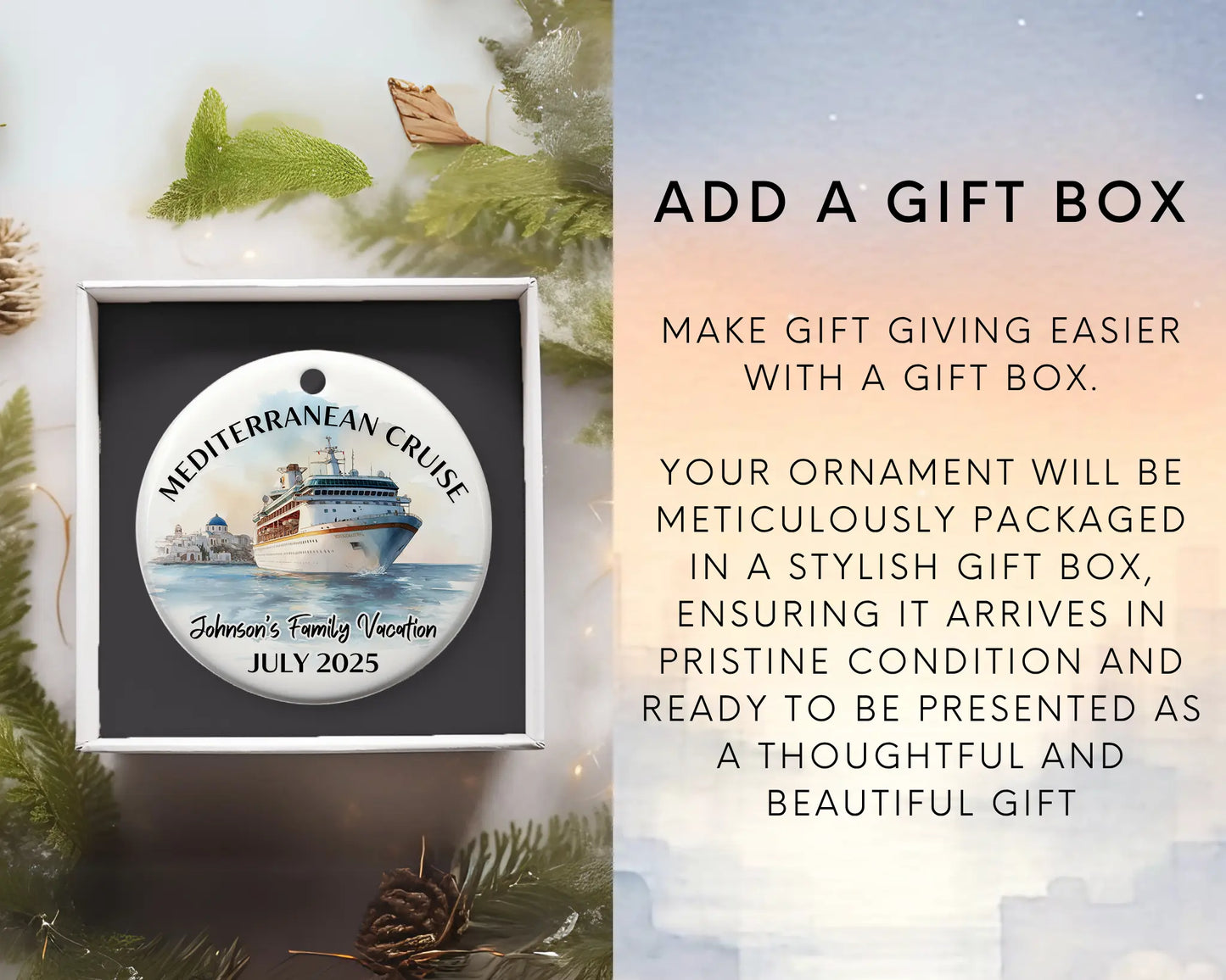Handmade ceramic Mediterranean cruise ornament with personalized location and photo – custom Christmas bauble or cruise vacation souvenir. Add gift box