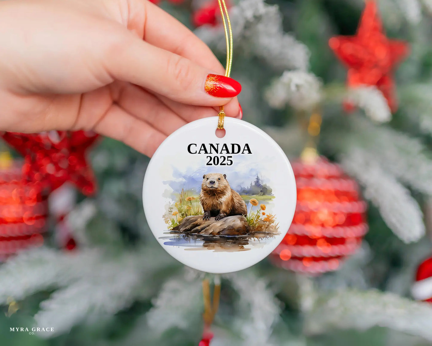 Custom Canada ceramic photo ornament with personalized message – handmade Christmas bauble, gift souvenir, or vacation keepsake.