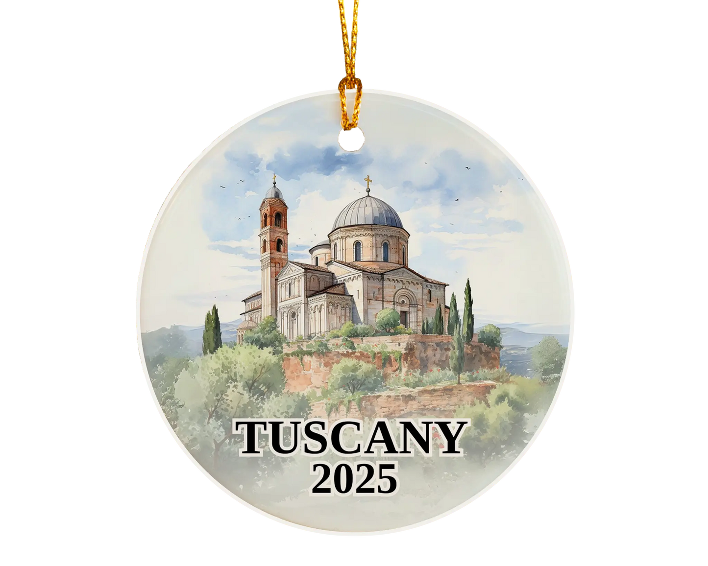 Custom Tuscany Italy ceramic photo ornament with personalized message – handmade Christmas bauble, gift souvenir, or vacation keepsake.
