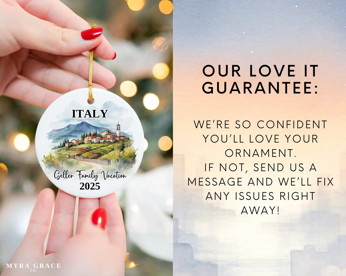 Custom vacation Italy ceramic photo ornament with personalized message – handmade Christmas bauble, gift souvenir, or vacation keepsake. Love it guarantee