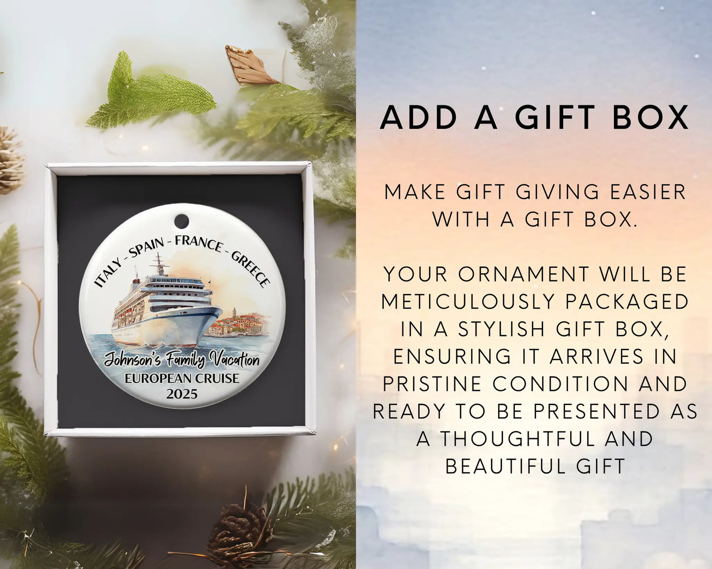 Handmade ceramic Europe cruise ornament with personalized location and photo – custom Christmas bauble or cruise vacation souvenir. Add gift box