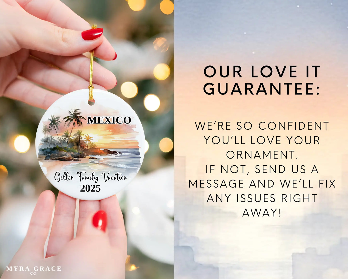 Custom vacation Mexico ceramic photo ornament with personalized message – handmade Christmas bauble, gift souvenir, or vacation keepsake. Love it guarantee