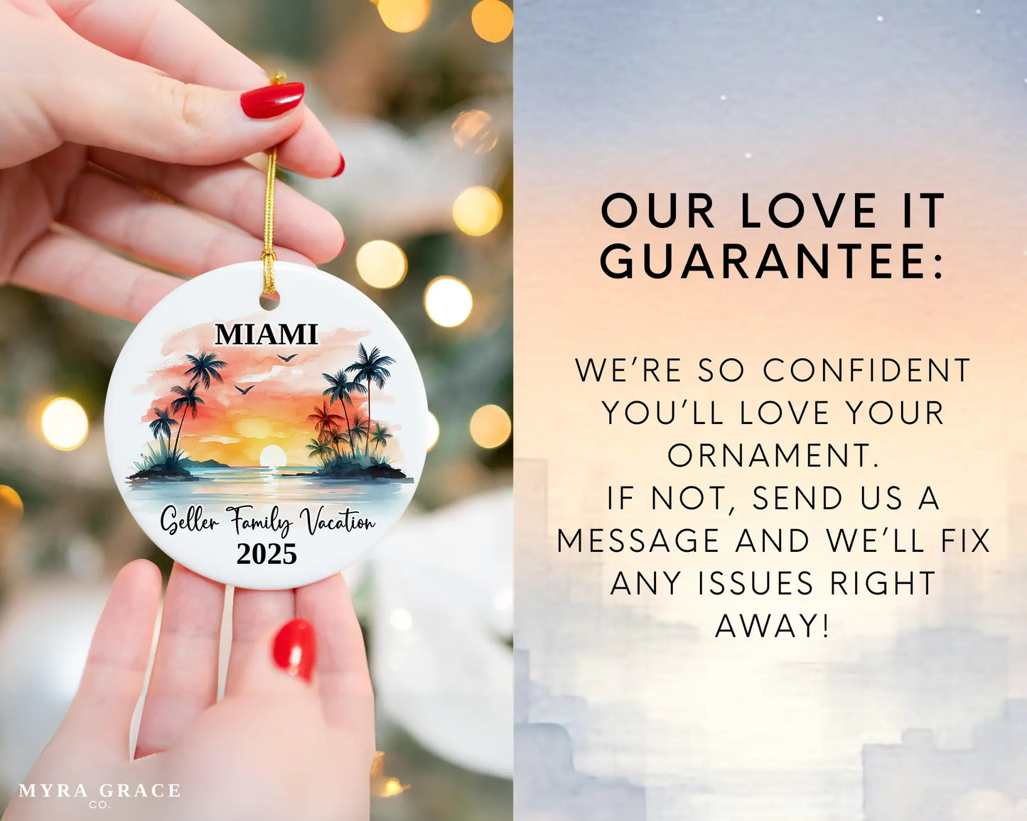 Custom vacation Miami Florida ceramic photo ornament with personalized message – handmade Christmas bauble, gift souvenir, or vacation keepsake. Love it guarantee