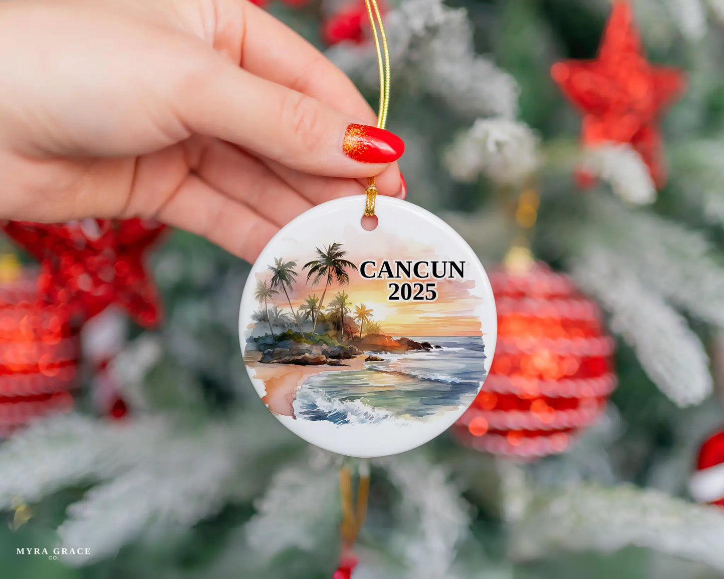 Custom Cancun, Mexico ceramic photo ornament with personalized message – handmade Christmas bauble, gift souvenir, or vacation keepsake.