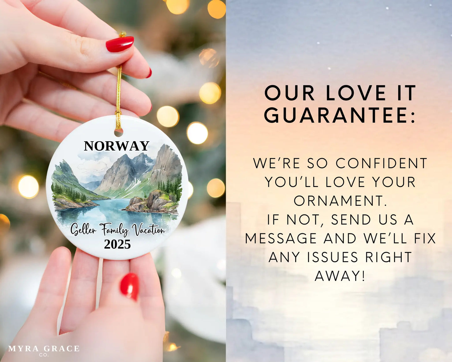 Custom vacation Norway ceramic photo ornament with personalized message – handmade Christmas bauble, gift souvenir, or vacation keepsake. Love it guarantee