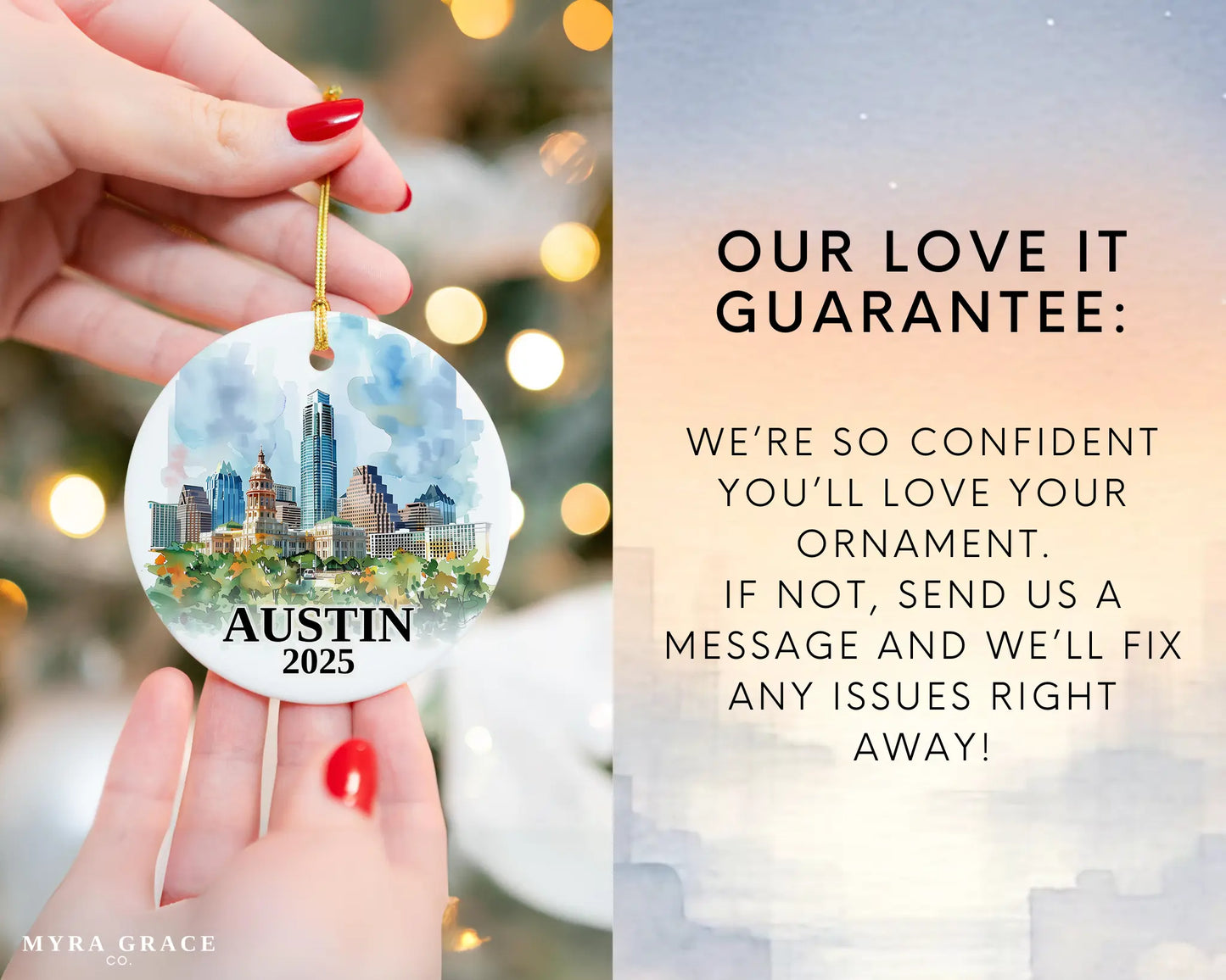 Custom Austin, Texas ceramic photo ornament with personalized message – handmade Christmas bauble, gift souvenir, or vacation keepsake. Love it guarantee