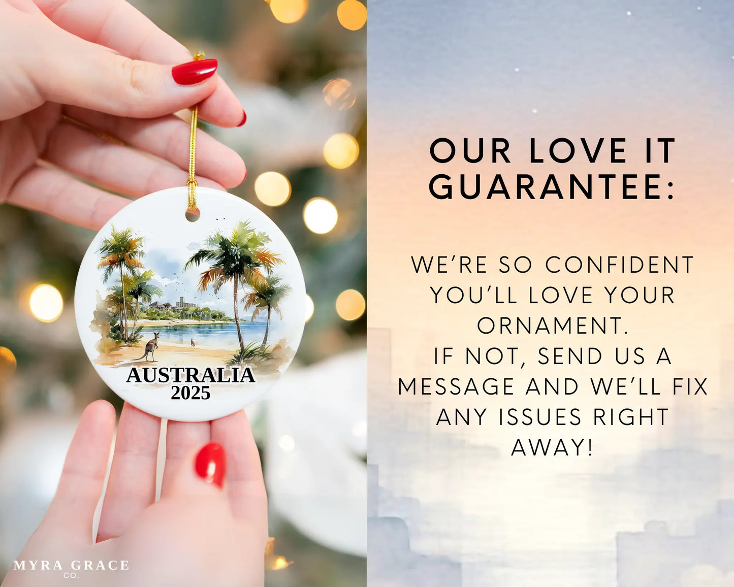 Custom Australia ceramic photo ornament with personalized message – handmade Christmas bauble, gift souvenir, or vacation keepsake. Love it guarantee