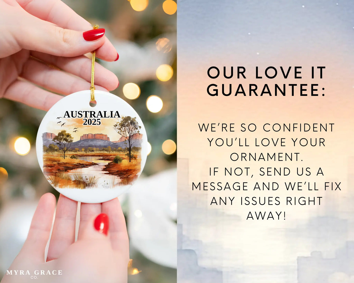 Custom Australia ceramic photo ornament with personalized message – handmade Christmas bauble, gift souvenir, or vacation keepsake. Love it guarantee