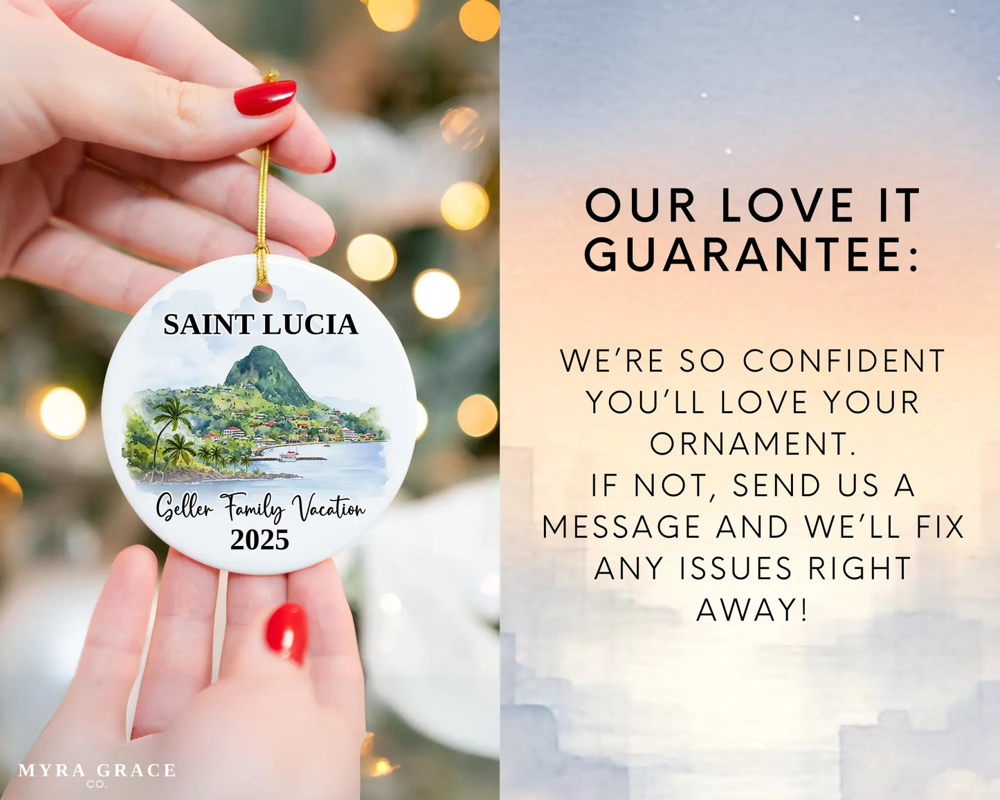 Custom vacation Saint Lucia ceramic photo ornament with personalized message – handmade Christmas bauble, gift souvenir, or vacation keepsake. Love it guarantee