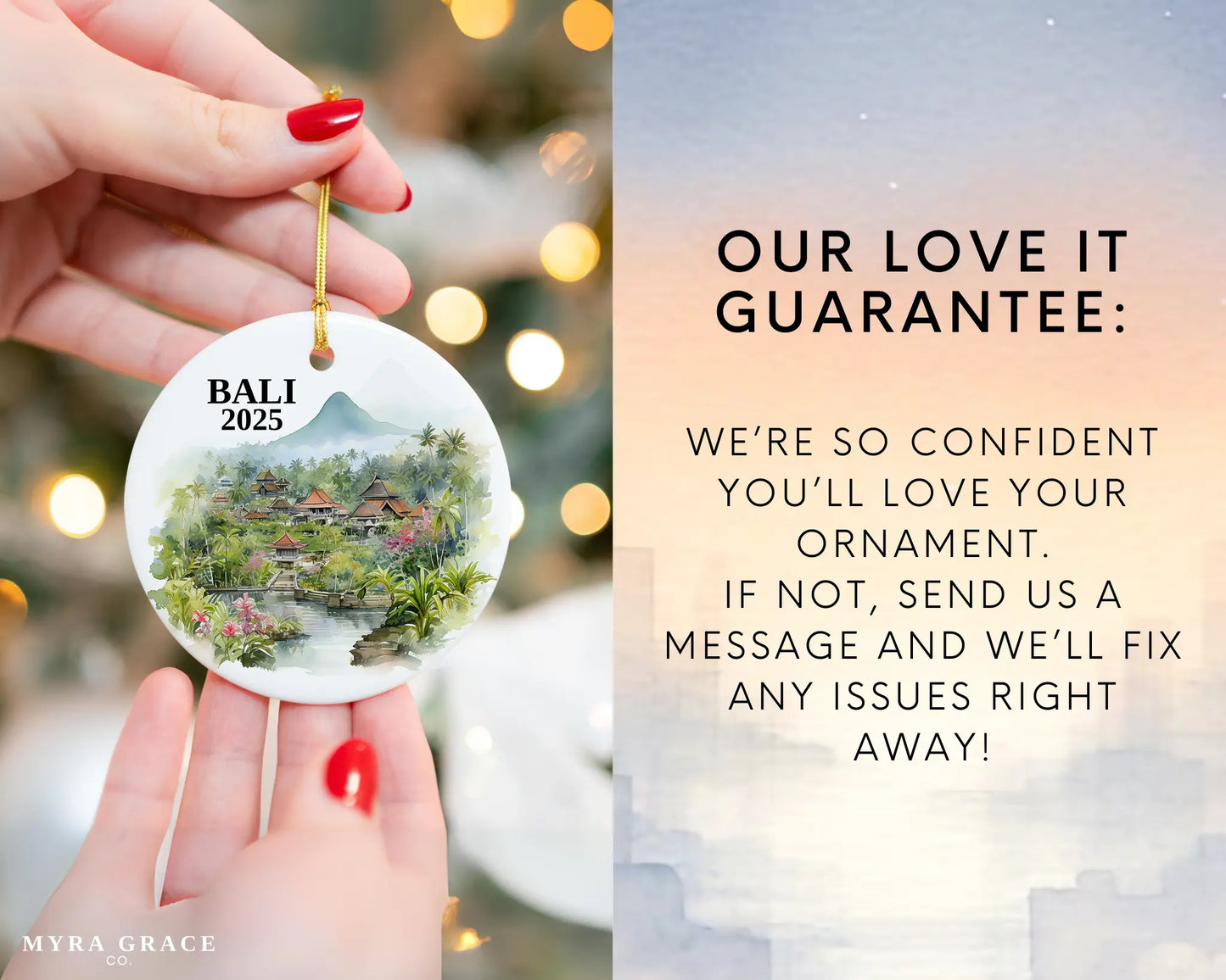 Custom Bali ceramic photo ornament with personalized message – handmade Christmas bauble, gift souvenir, or vacation keepsake. Love it guarantee