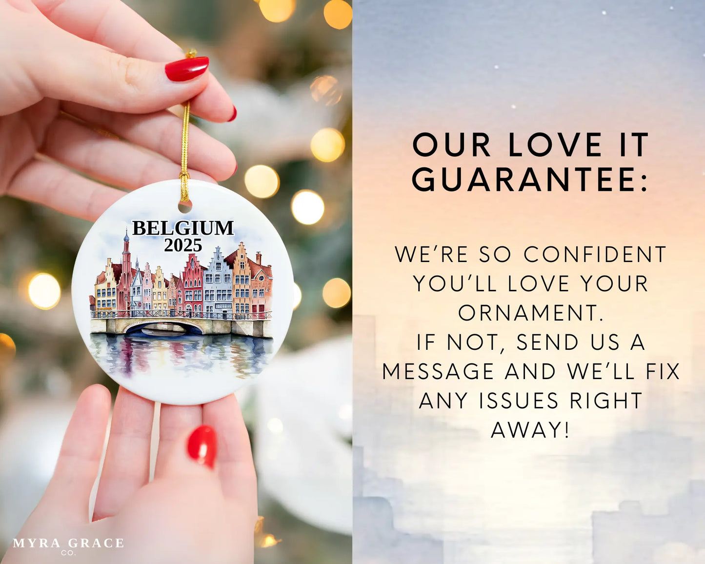Custom Belgium ceramic photo ornament with personalized message – handmade Christmas bauble, gift souvenir, or vacation keepsake. Love it guarantee
