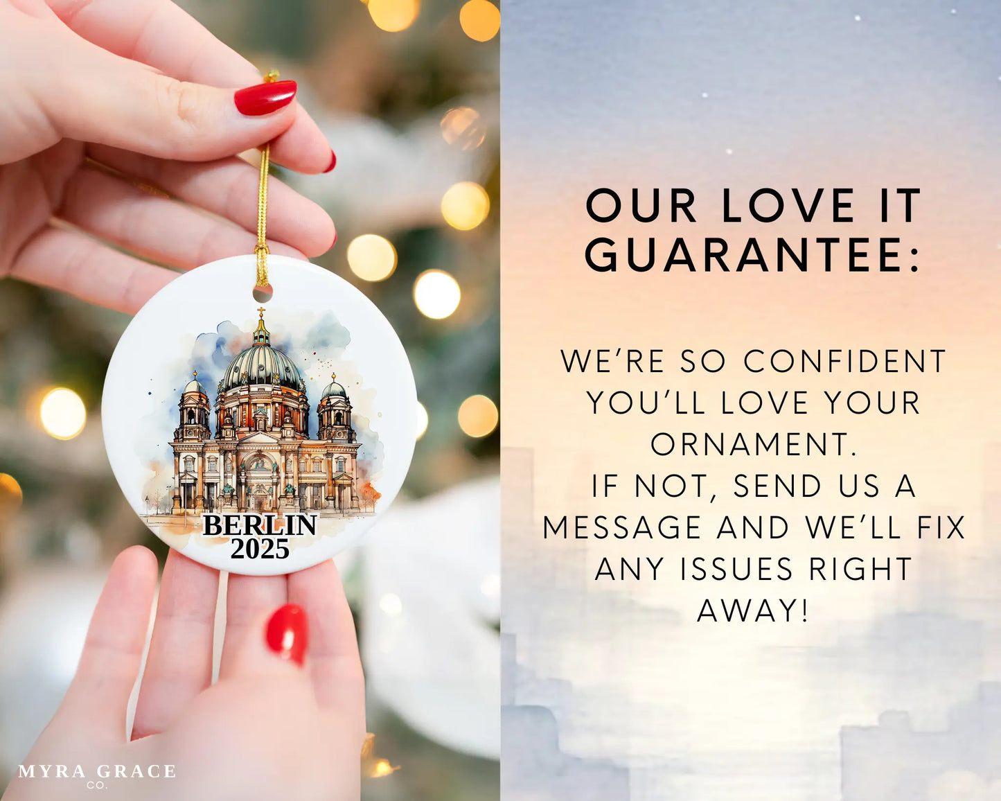 Custom Berlin Germany ceramic photo ornament with personalized message – handmade Christmas bauble, gift souvenir, or vacation keepsake. Love it guarantee