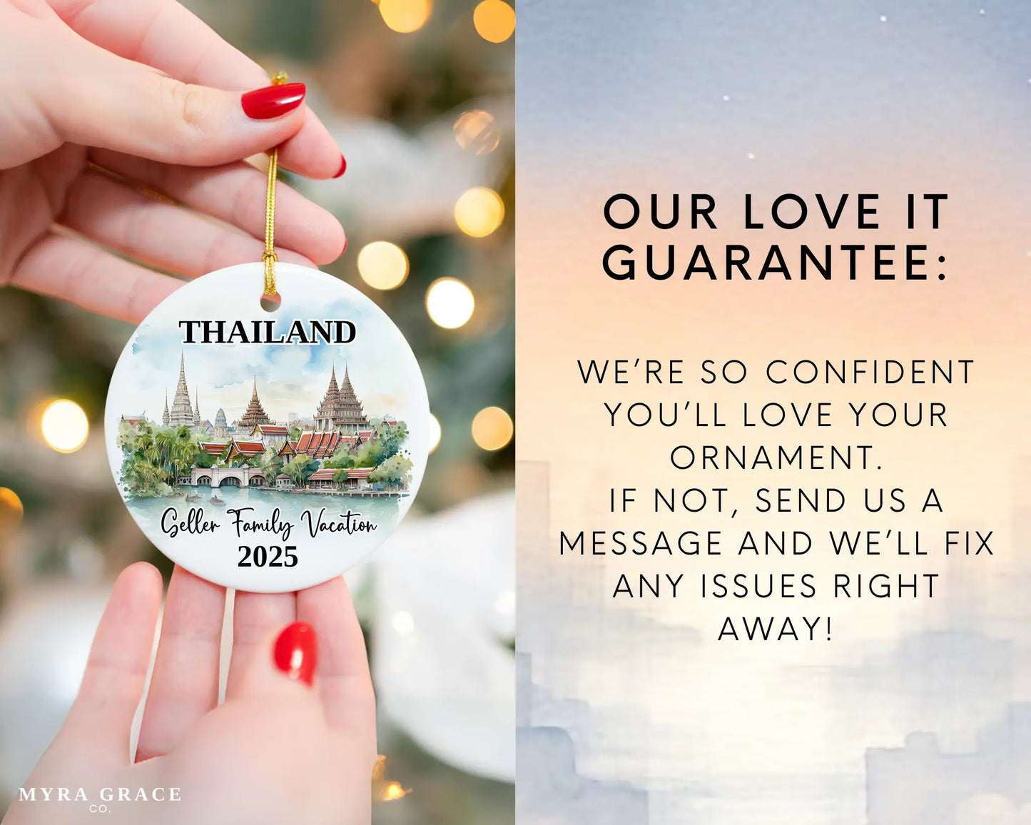 Custom vacation Thailand ceramic photo ornament with personalized message – handmade Christmas bauble, gift souvenir, or vacation keepsake. Love it guarantee