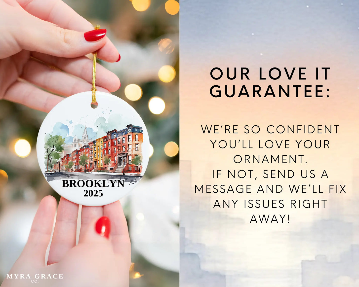 Custom Brooklyn ceramic photo ornament with personalized message – handmade Christmas bauble, gift souvenir, or vacation keepsake. Love it guarantee