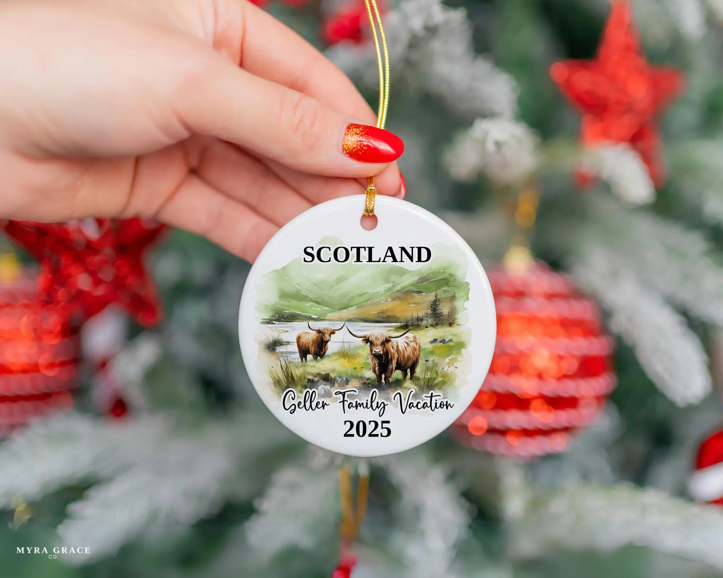 Custom vacation Scotland Highland Cows ceramic photo ornament with personalized message – handmade Christmas bauble, gift souvenir, or vacation keepsake.