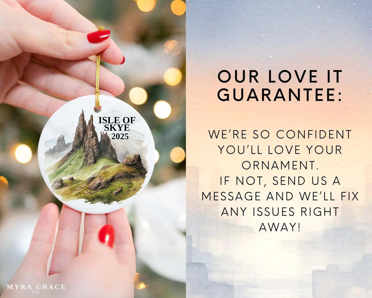 Custom Isle of Skye Scotland ceramic photo ornament with personalized message – handmade Christmas bauble, gift souvenir, or vacation keepsake. Love it guarantee