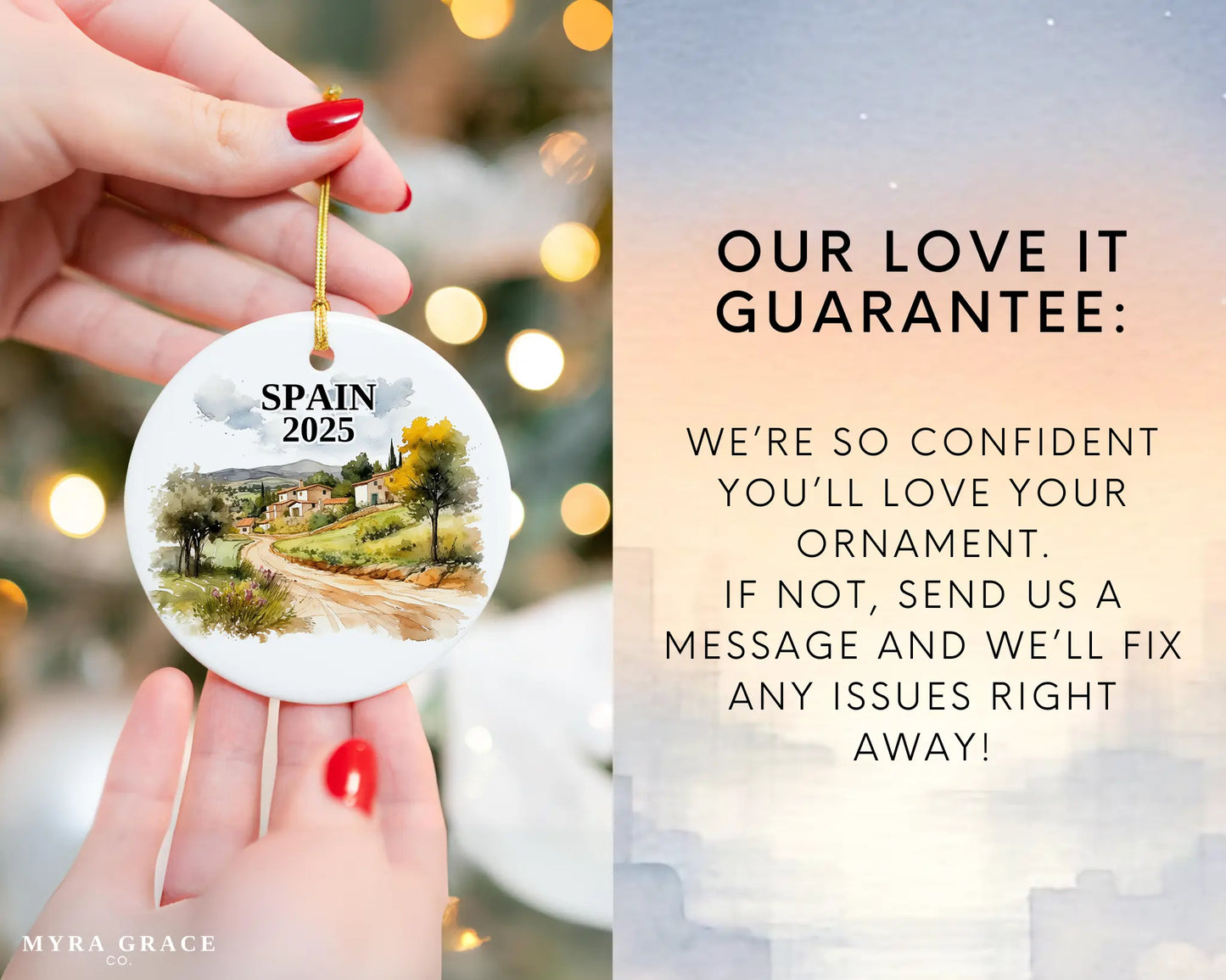 Custom Spain ceramic photo ornament with personalized message – handmade Christmas bauble, gift souvenir, or vacation keepsake. Love it guarantee