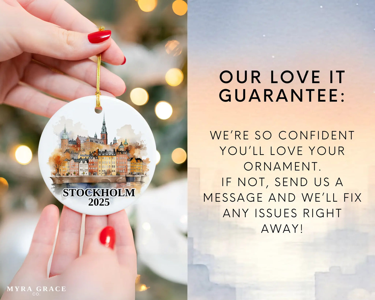 Custom Stockholm Sweden ceramic photo ornament with personalized message – handmade Christmas bauble, gift souvenir, or vacation keepsake. Love it guarantee