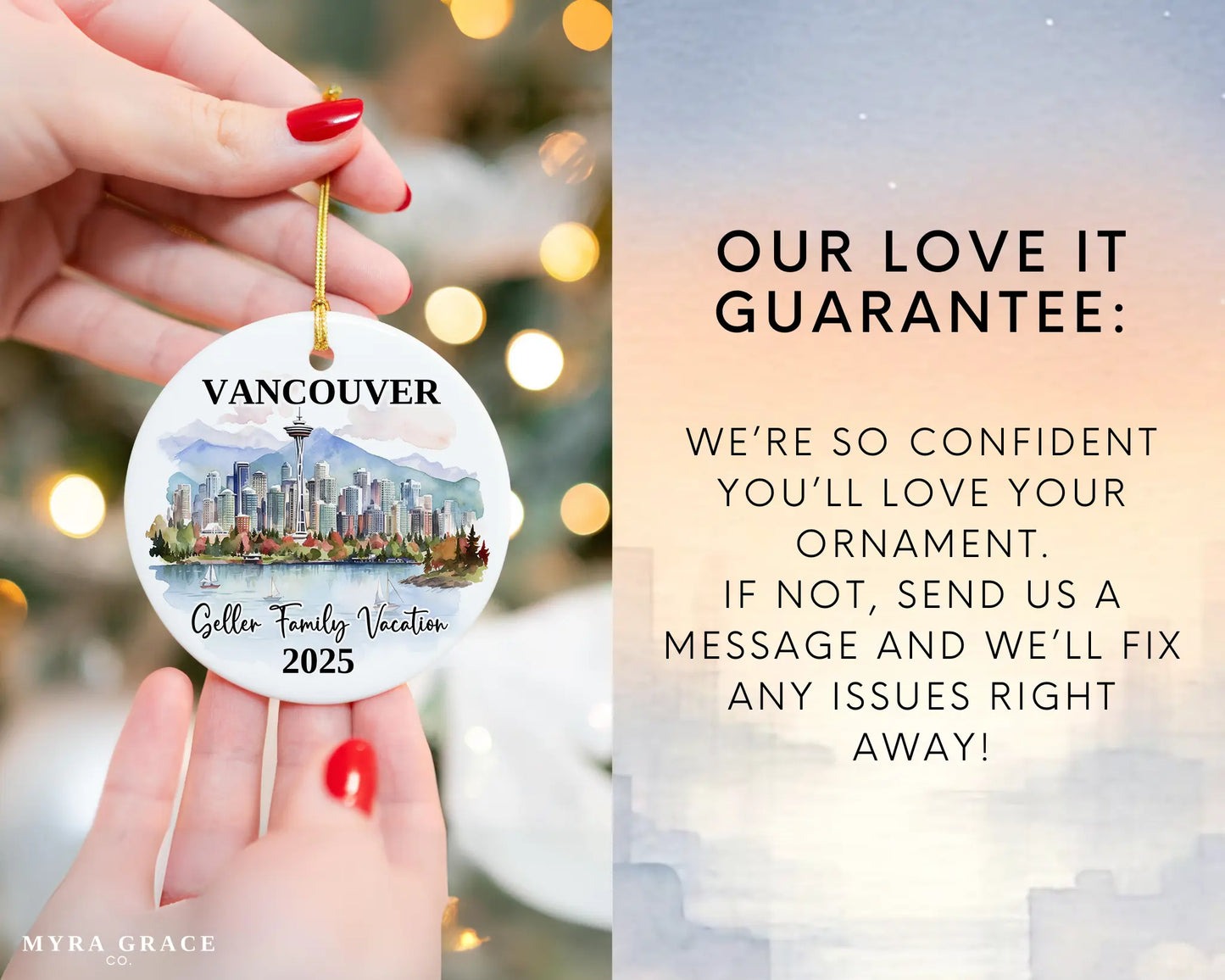 Custom vacation Vancouver Canada ceramic photo ornament with personalized message – handmade Christmas bauble, gift souvenir, or vacation keepsake. Love it guarantee