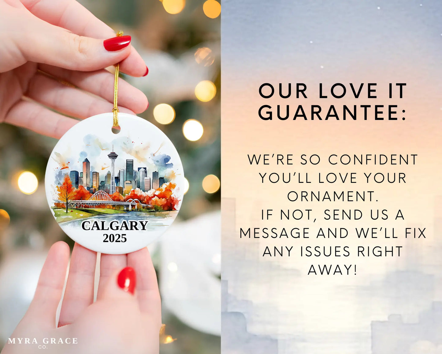 Custom Calgary, Alberta ceramic photo ornament with personalized message – handmade Christmas bauble, gift souvenir, or vacation keepsake. Love it guarantee