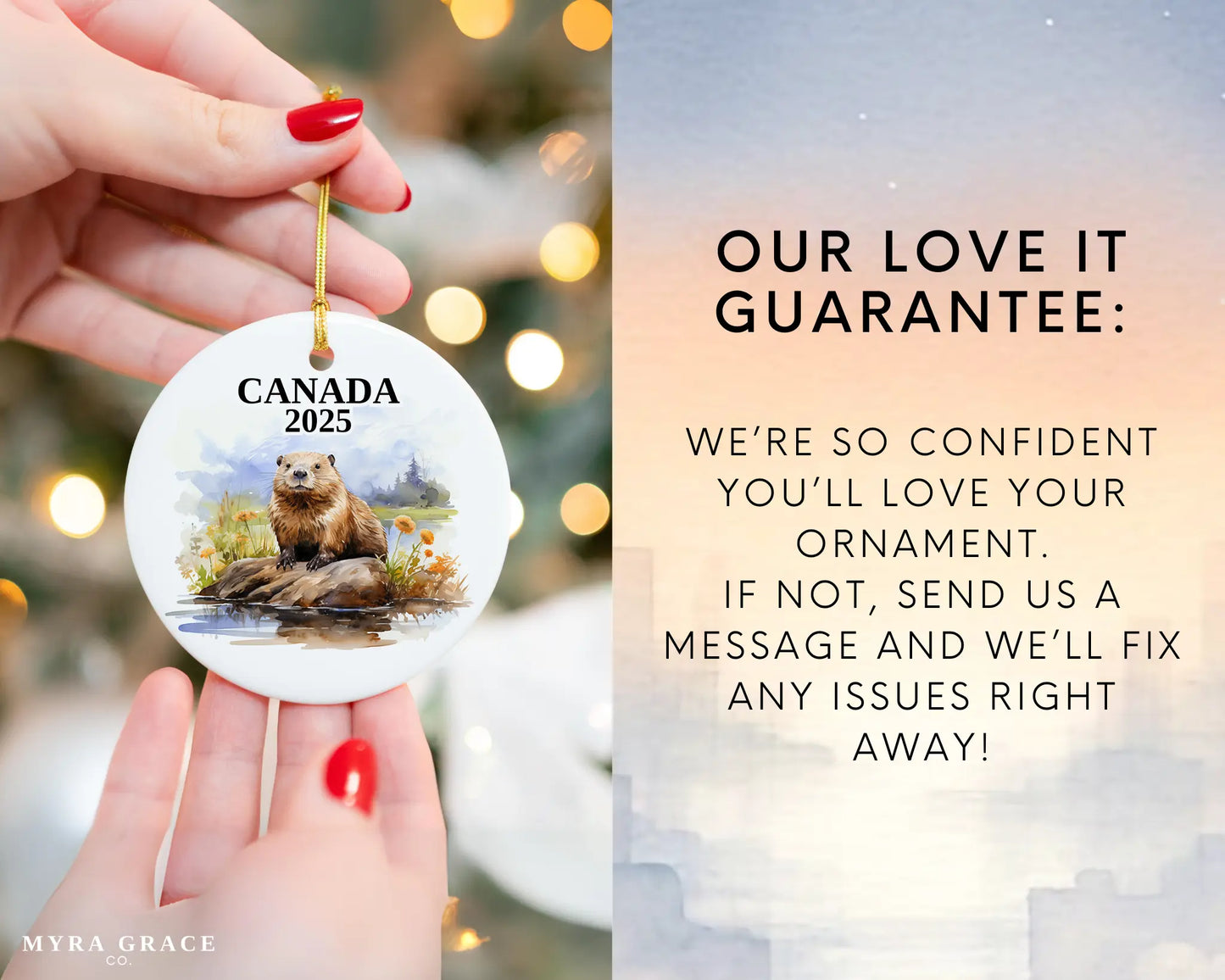 Custom Canada ceramic photo ornament with personalized message – handmade Christmas bauble, gift souvenir, or vacation keepsake. Love it guarantee