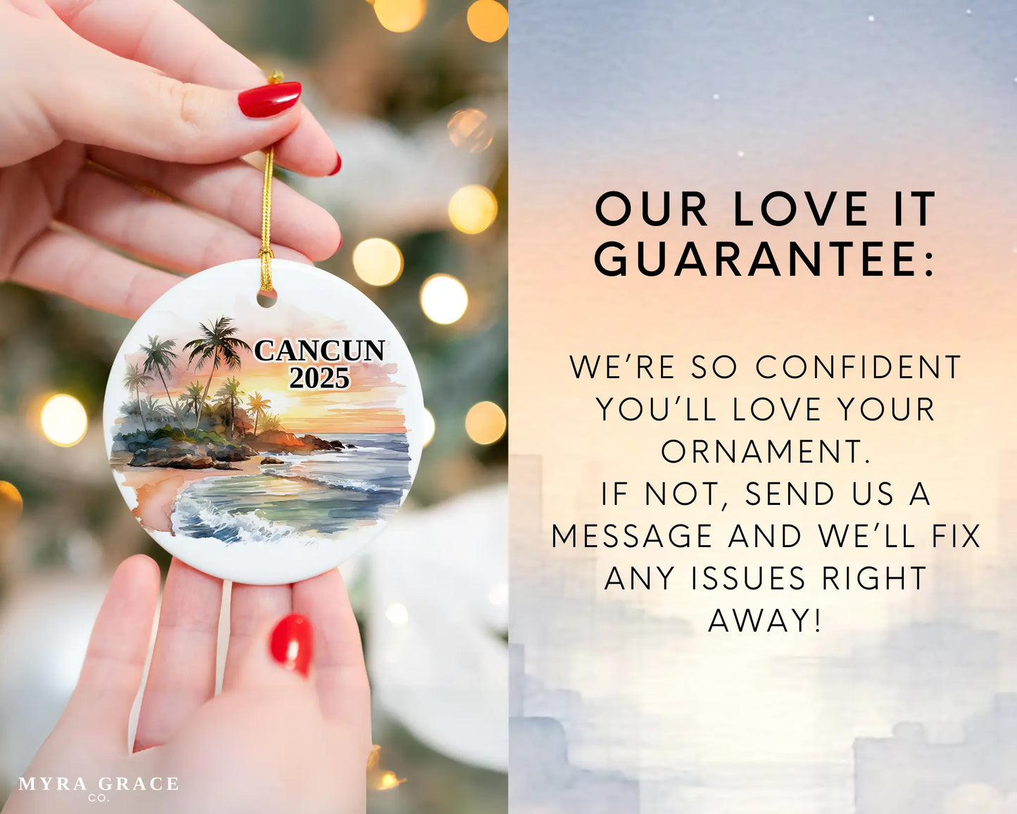 Custom Cancun, Mexico ceramic photo ornament with personalized message – handmade Christmas bauble, gift souvenir, or vacation keepsake. Love it guarantee
