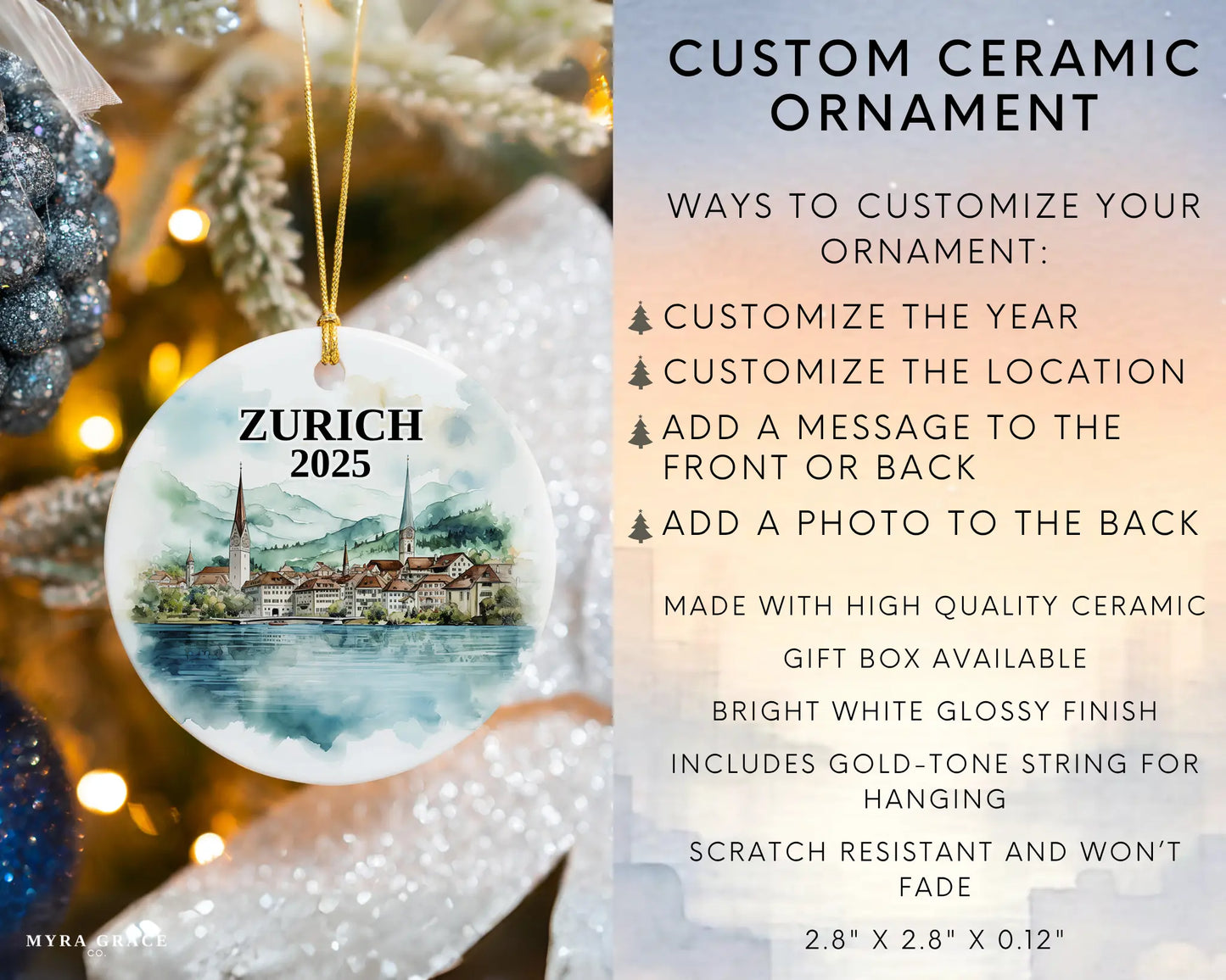 Zurich Switzerland Ornament Custom Gift Souvenir Bauble. Custom Zurich Switzerland ceramic photo ornament with personalized message – handmade Christmas bauble, gift souvenir, or vacation keepsake. Infographic