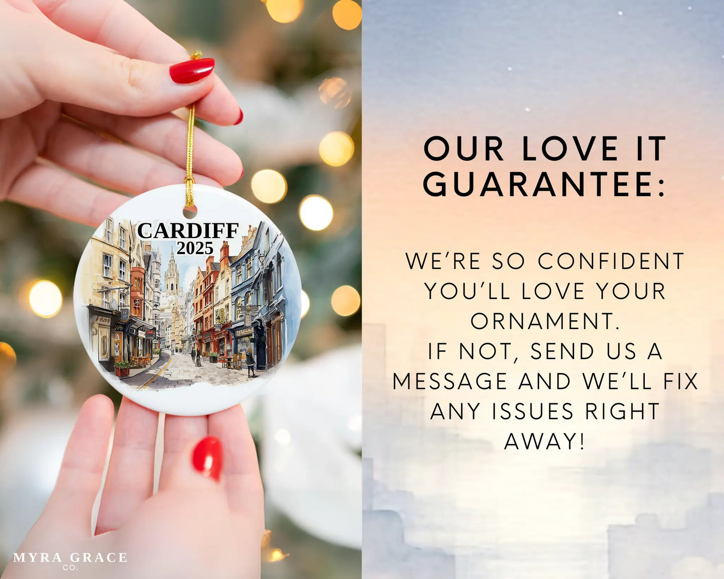 Custom Cardiff Wales ceramic photo ornament with personalized message – handmade Christmas bauble, gift souvenir, or vacation keepsake. Love it guarantee