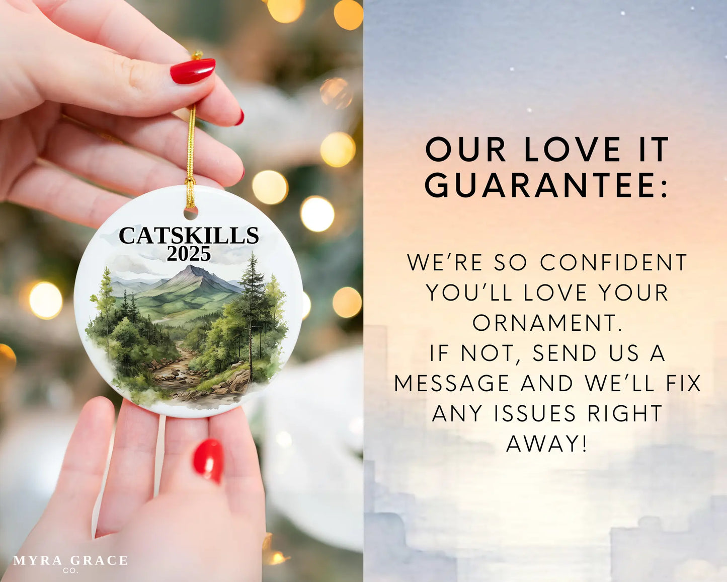Custom Catskills ceramic photo ornament with personalized message – handmade Christmas bauble, gift souvenir, or vacation keepsake. Love it guarantee