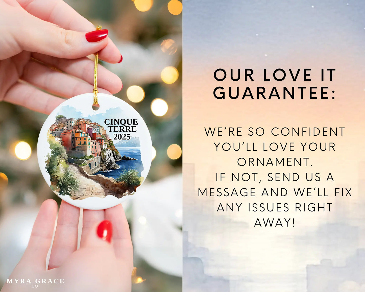 Custom Cinque Terre Italy ceramic photo ornament with personalized message – handmade Christmas bauble, gift souvenir, or vacation keepsake. Love it guarantee