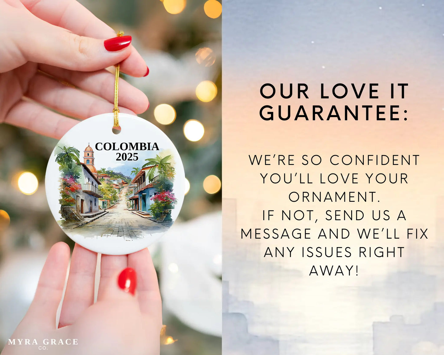 Custom Colombia ceramic photo ornament with personalized message – handmade Christmas bauble, gift souvenir, or vacation keepsake. Love it guarantee