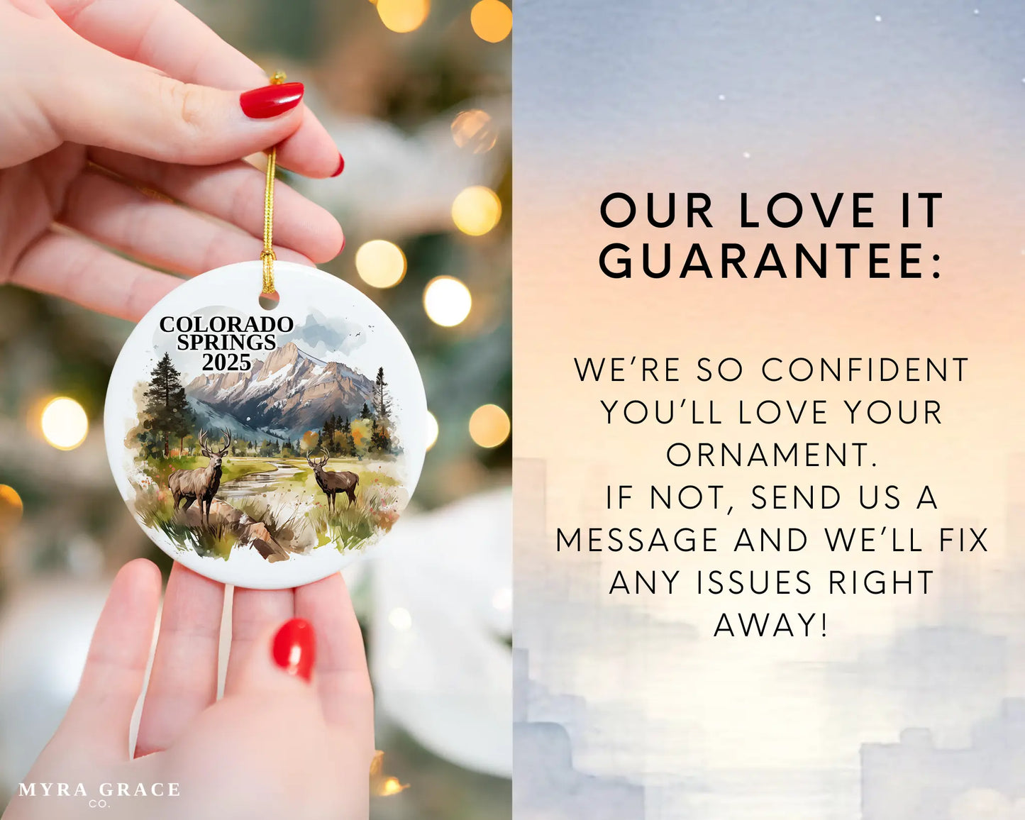 Custom Colorado Springs ceramic photo ornament with personalized message – handmade Christmas bauble, gift souvenir, or vacation keepsake. Love it guarantee